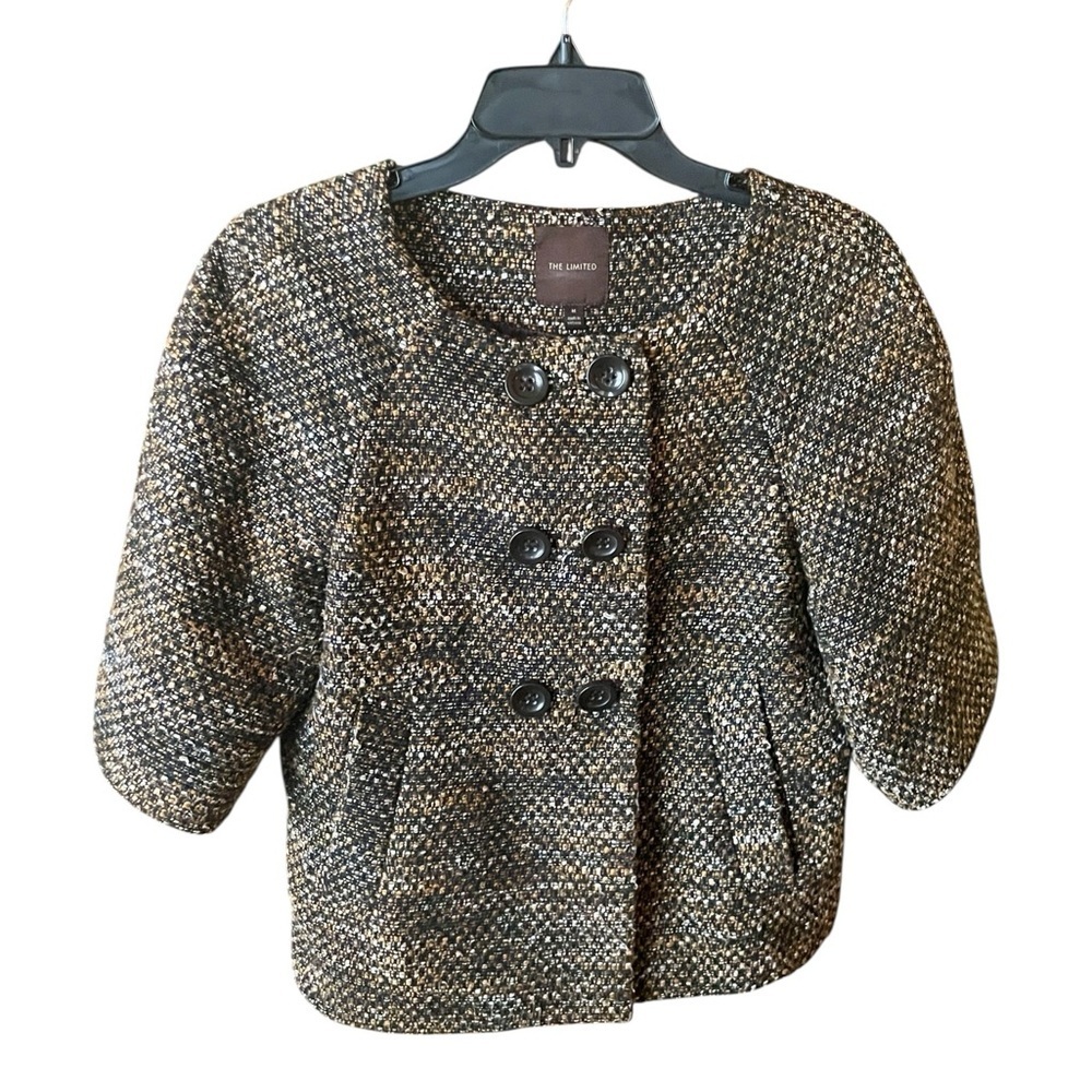 The Limited short sleeve tweed jacket pockets MED brown tan white preppy classic